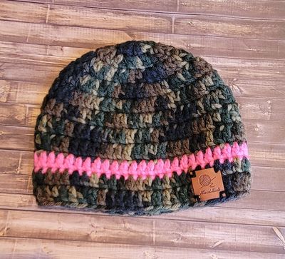 Crochet Beanie Hat: 6-9 Months: Camouflage w/Pink Stripe