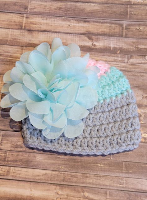Crochet Beanie Hat: Preemie: Gray, Seafoam, &amp; Pink