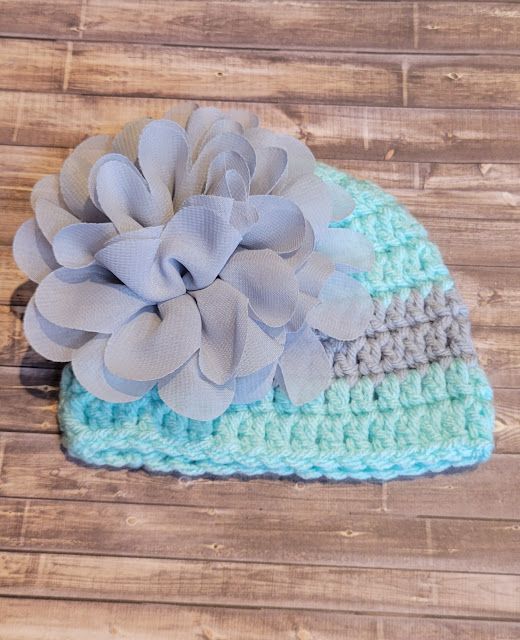 Crochet Beanie Hat: Preemie: Seafoam Blue w/Gray