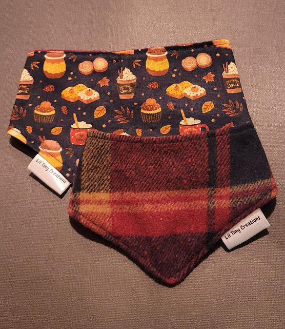 Reversible Animal Bandana: Fall Sweet Treats/Maroon Plaid
