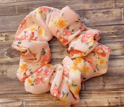 Hair Scrunchie: Soft Pink W/Red and Orange Floral