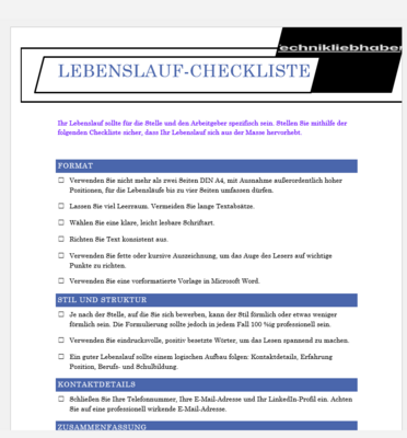 Lebenslauf - Checkliste - Vorlage in PDF