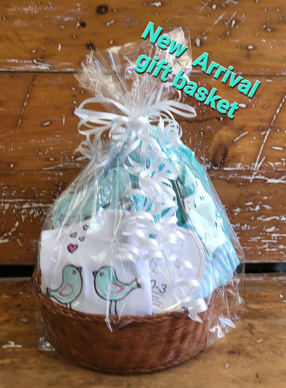 New Arrival  basket-onsie, bib, socks, stuffy