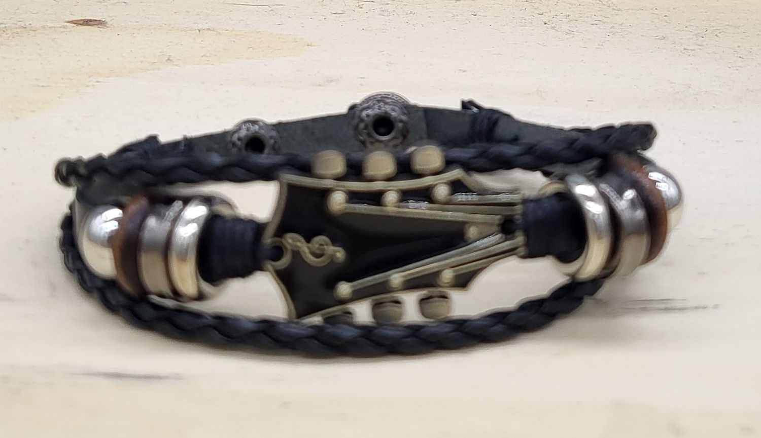 Bracelet - Mens - Blk Leather - Guitar