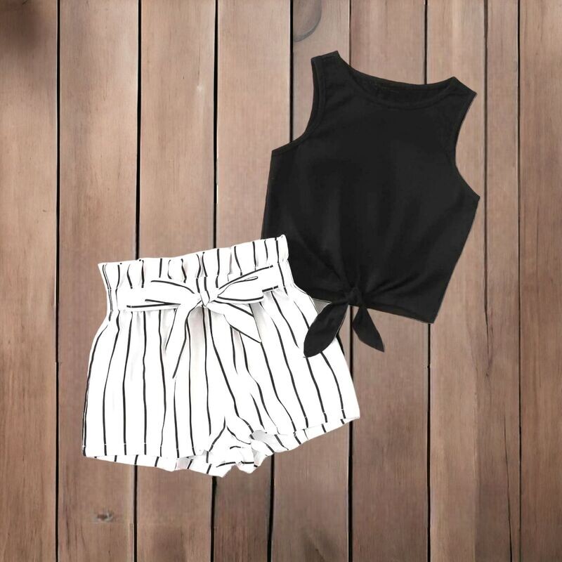 Girls 2PC Set-Tie Knot Tank Top and Stripe Belted Shorts