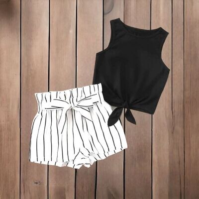 Girls 2PC Set-Tie Knot Tank Top and Stripe Belted Shorts