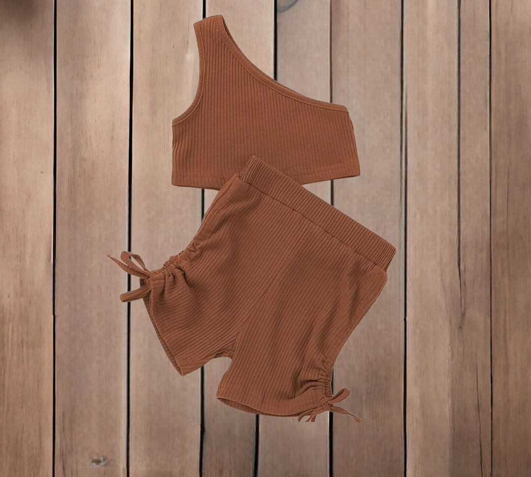 Girls 2PC Set- One Shoulder Crop Top and Drawstring Shorts