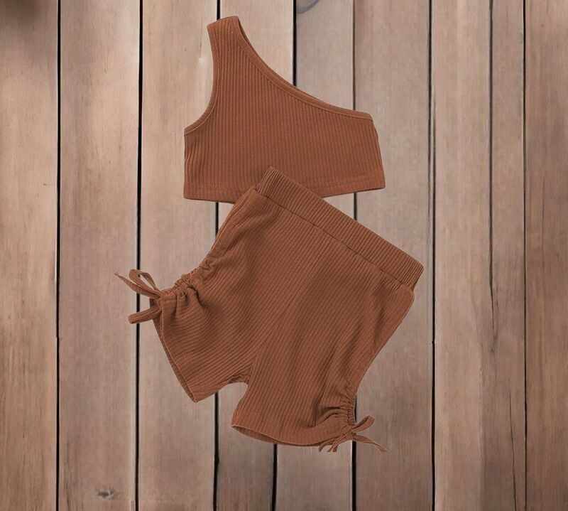 Girls 2PC Set- One Shoulder Crop Top and Drawstring Shorts