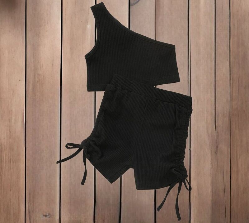 Girls 2PC Set- One Shoulder Crop Top and Drawstring Shorts
