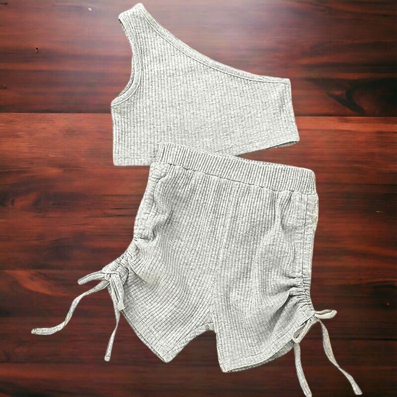 Girls 2PC Set- One Shoulder Crop Top and Drawstring Shorts
