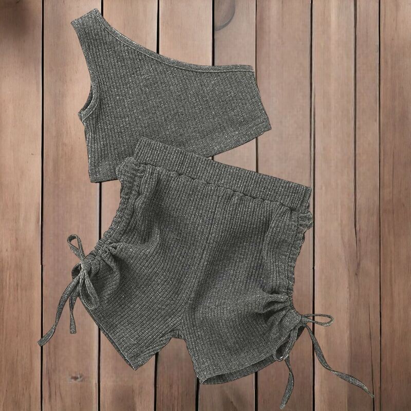 Girls 2PC Set- One Shoulder Crop Top and Drawstring Shorts