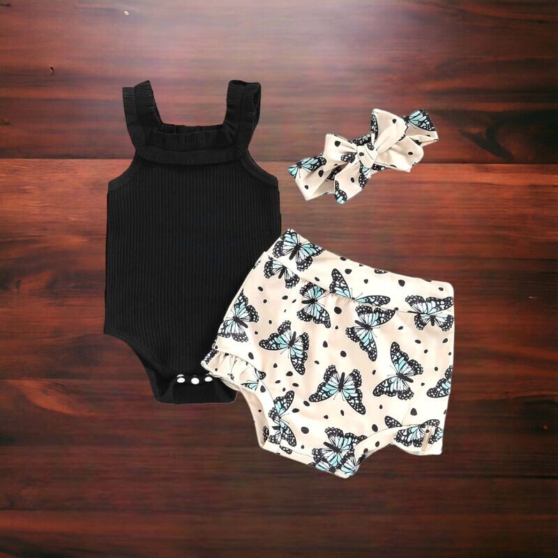 Girls 3 PC Set: Sleeveless Romper Top and Ruffle Shorts (incl. headband)