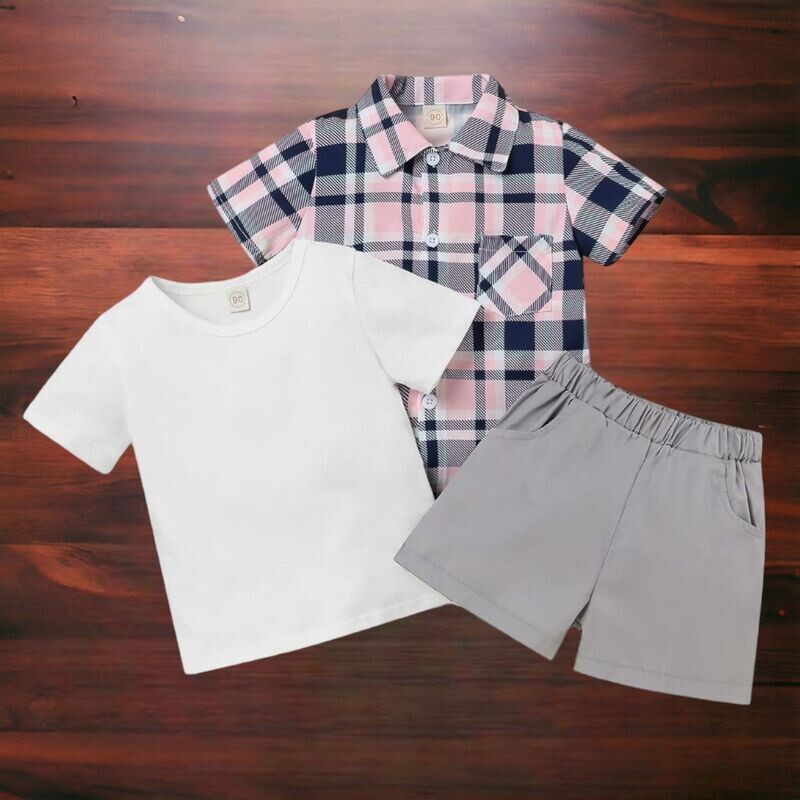 Boys 3PC Set-Short Sleeve Plaid Shirt and Short Set