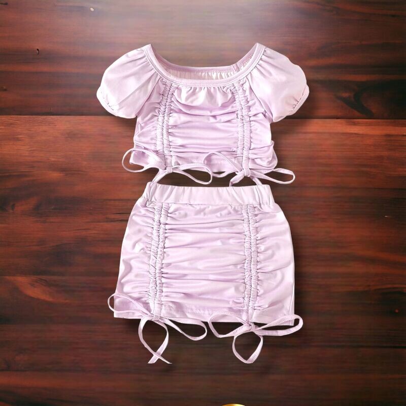 Girls One Shoulder Crop Top and Skirt w/ Drawstring-