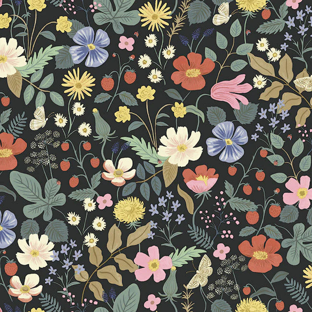 Strawberry Fields Wallpaper in Black, Green from Rifle Paper Company by