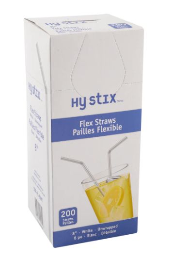 Hy Stix Straw Flex 8&quot; White, Case 200pcs/box