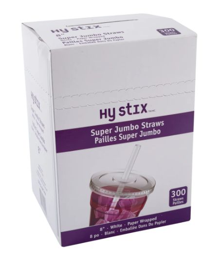 Hy Stix Straw Super Jumbo 8&quot; White Paper Wrapped, Case 300pcs/box