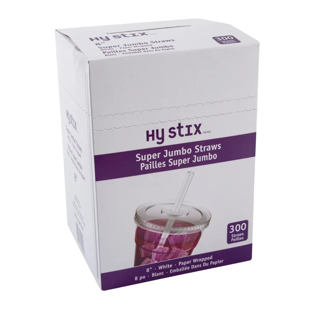 Hy Stix Straw Super Jumbo 8" White Paper Wrapped, Case (300x6)
