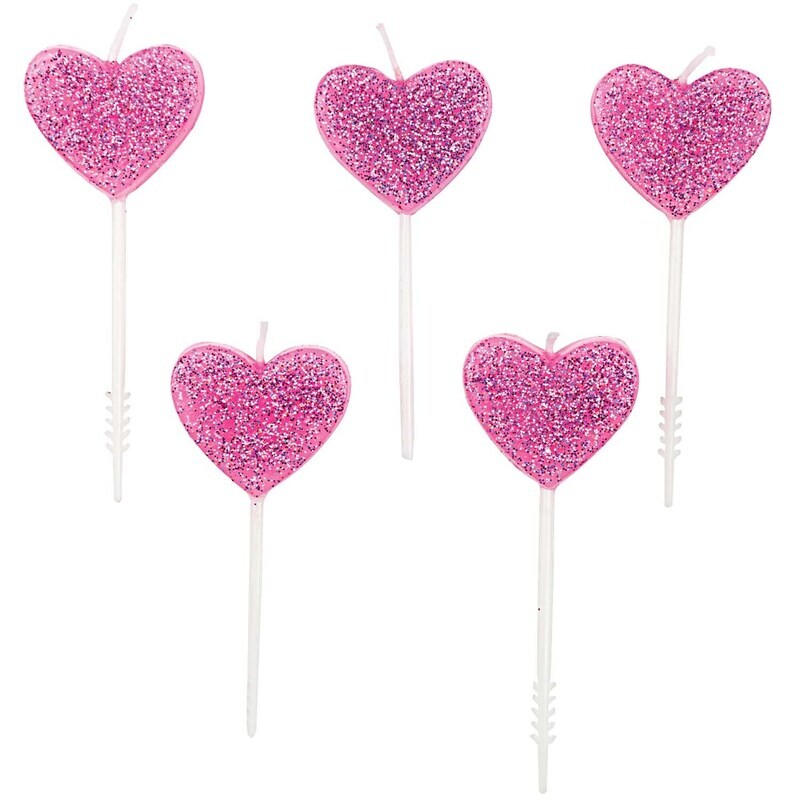 Rico Design YEY! Let&#39;s Party Kerzen Herzen Glitter rosa 5 Stück