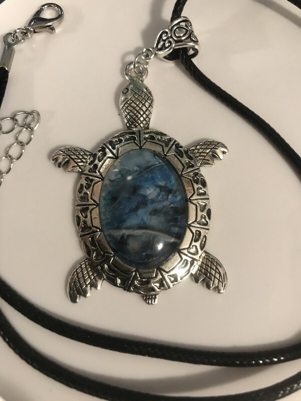 Hand painted blue turtle pendant necklace