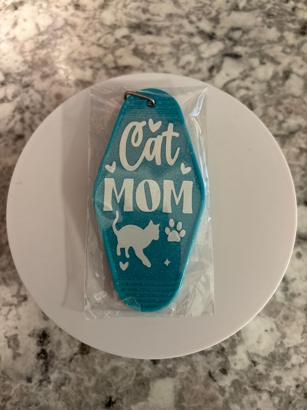 Blue Turquoise motel keychain Cat Mom