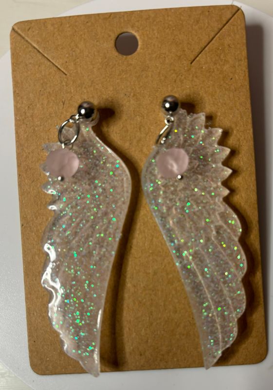 White resin glitter angel wing earrings handcrafted