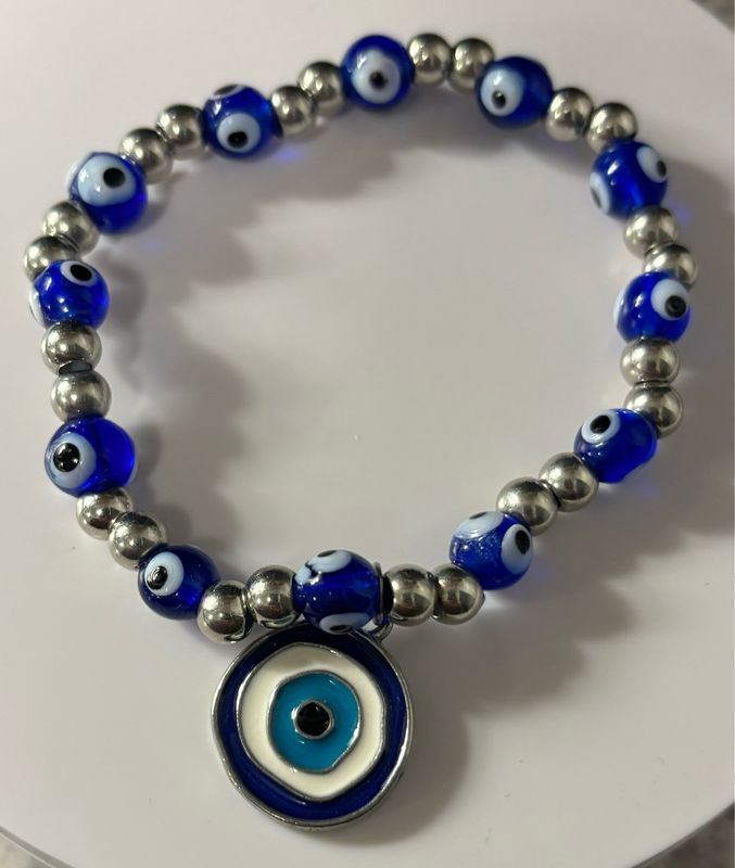 Evil Eye Blue Silver Bracelet With Charm 4 &amp; 6 mm Beads