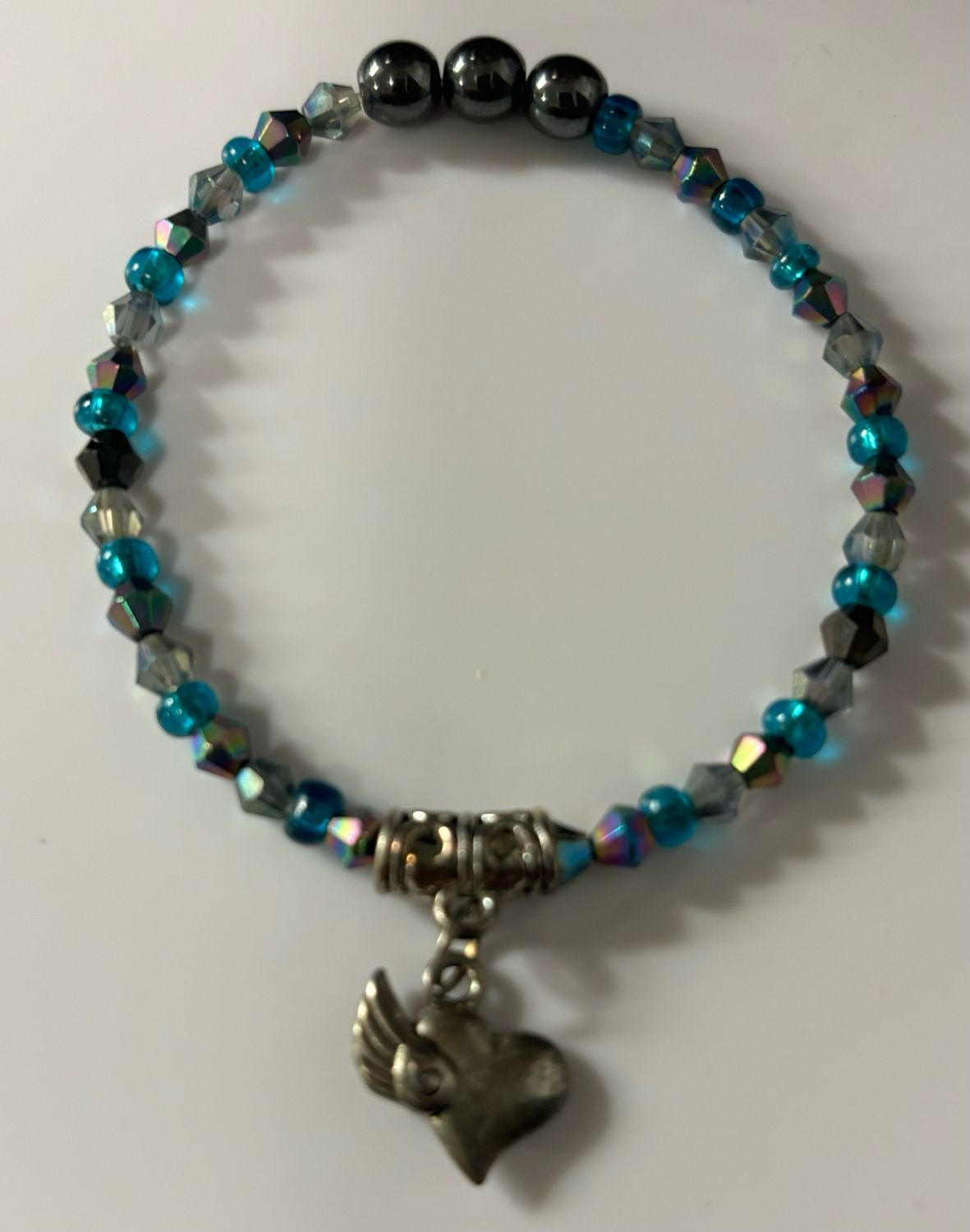 Handmade beaded Bracelet With Heart Charm Silver Blue