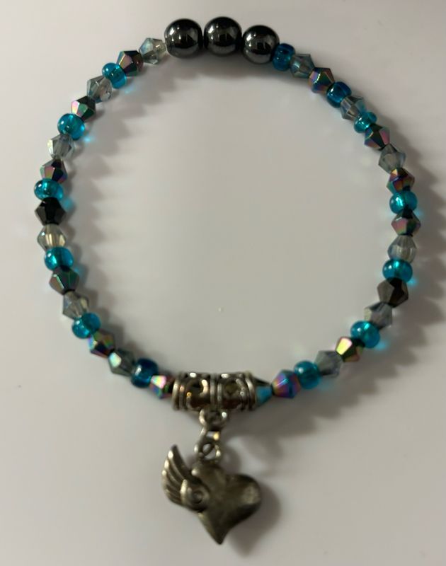 Handmade beaded Bracelet With Heart Charm Silver Blue