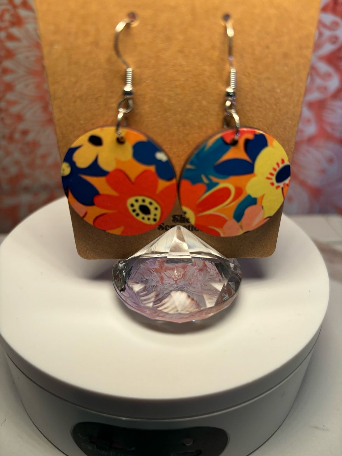 Orange Floral 1 inch Round Earrings