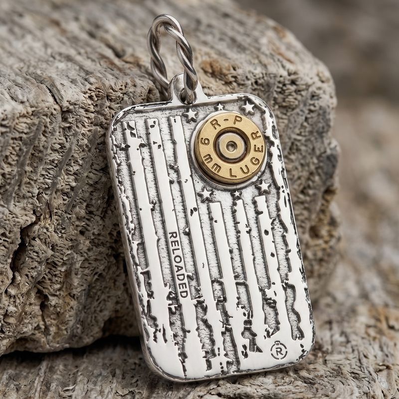 Distressed American Flag Style  Dog Tag 9mm in Sterling Silver
