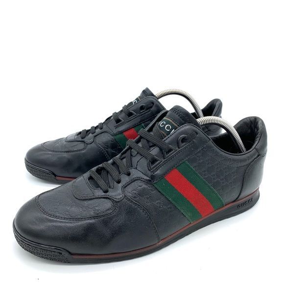 Gucci Micro Guccissima Black Leather Web Sneakers Shoes Men 233334 Gucci  Size 8