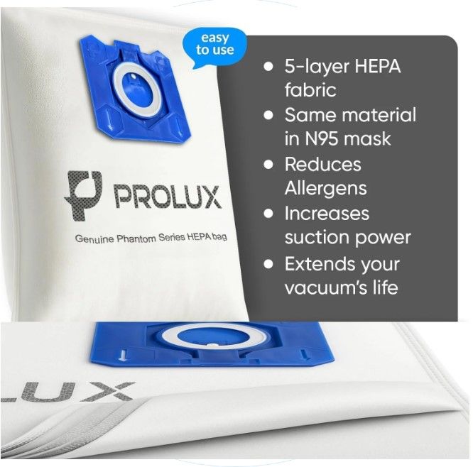 Prolux Phantom  Canister Vacuum 6 Pack of HEPA Bags and 2 Post Filters