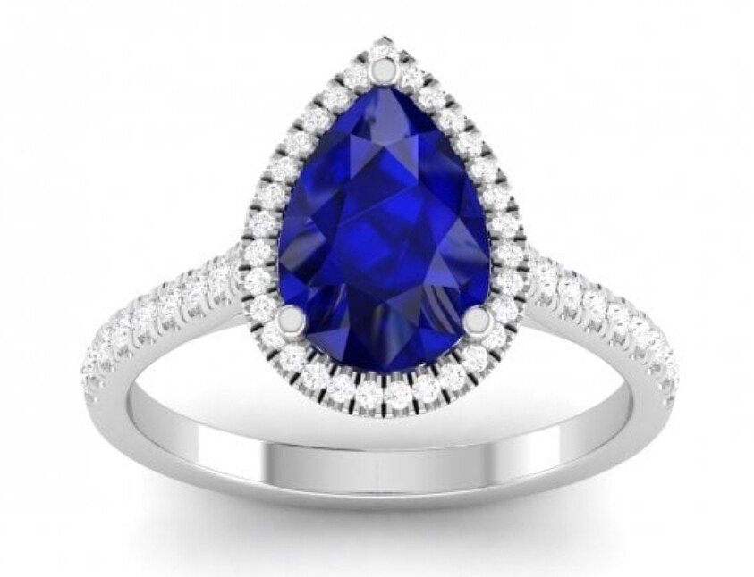 Pear Shaped Blue Sapphire and Diamond Halo Ring (3.13CT)