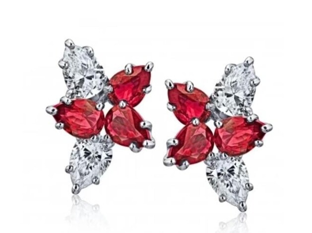 2.52 Carat Pear Shape Red Ruby and Diamond Cluster Earrings 4.18ct tw