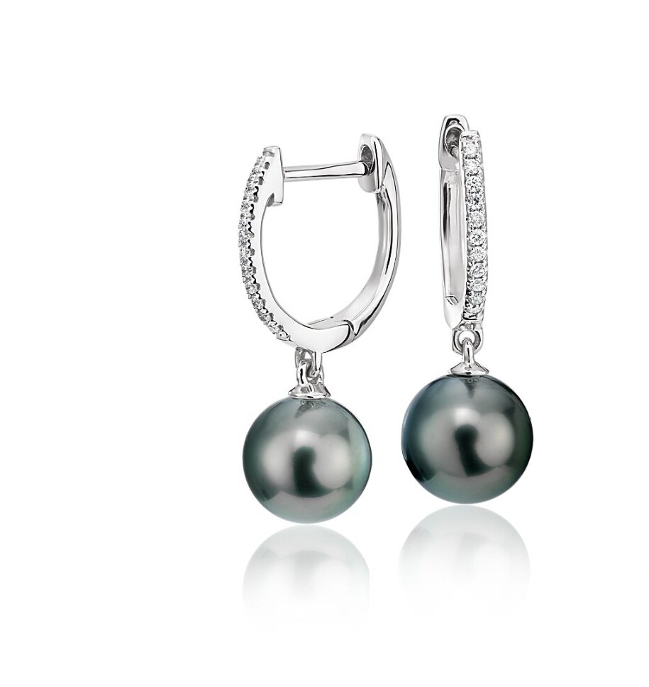Earrings Tahitian Pearl With Diamond Hoops in 18k White Gold (8-9mm