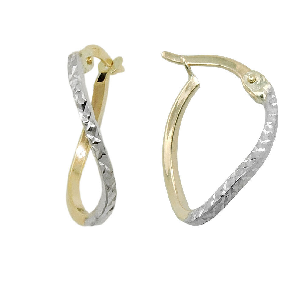 Hoop Earrings 17x12x1mm Bicolor Rhodium Diamond Cut 9Kt GOLD