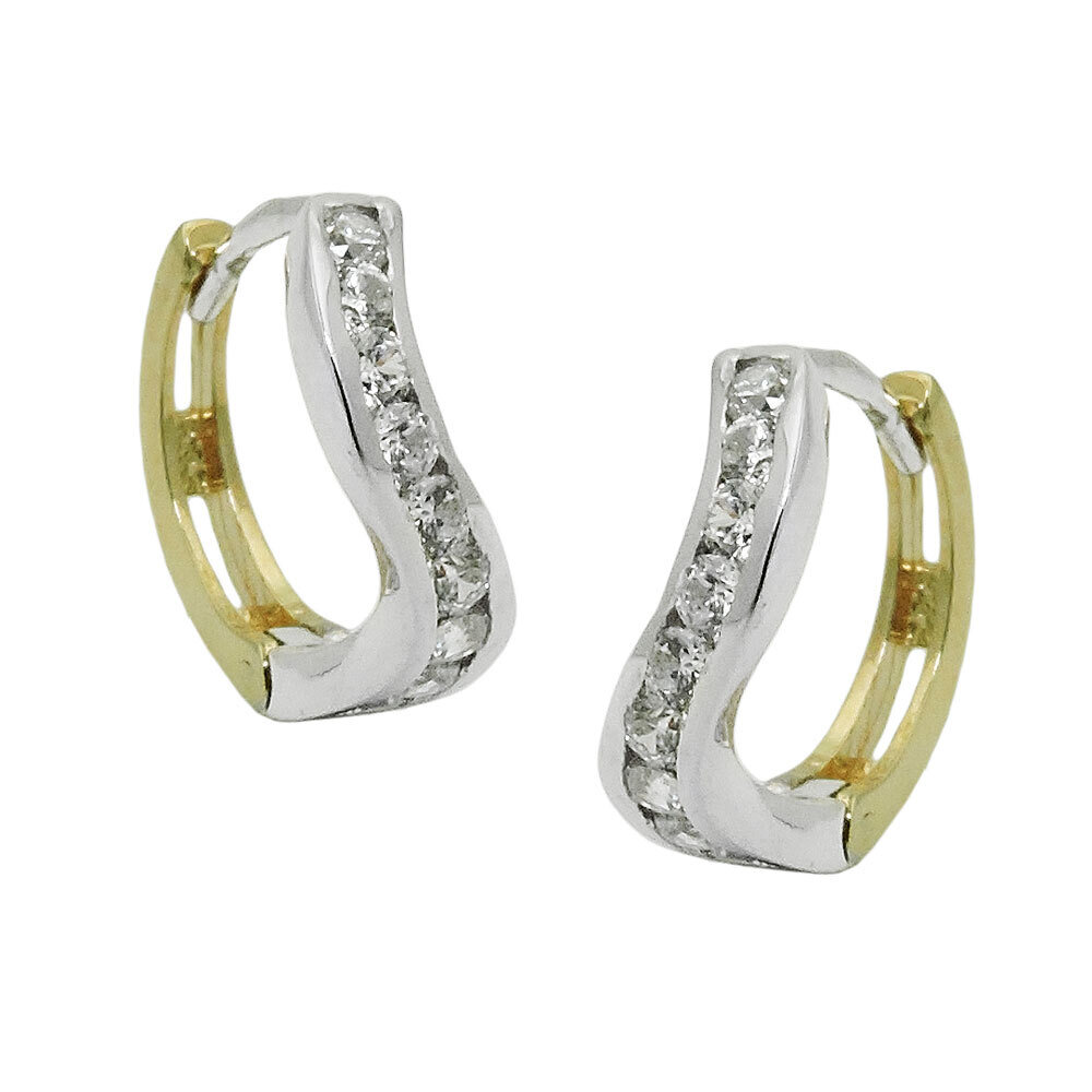 Hoop Earrings 12x3mm Folding Hinged Bicolor Zirconias, 9Kt GOLD