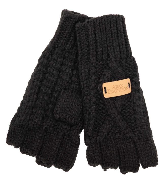 Aran Cable Fingerless Gloves Black