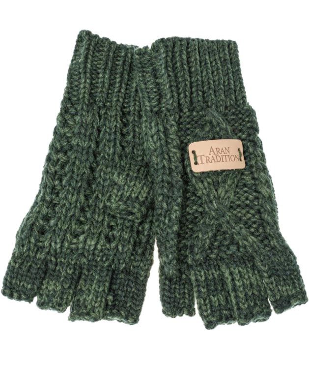 Aran Cable Fingerless Gloves Green