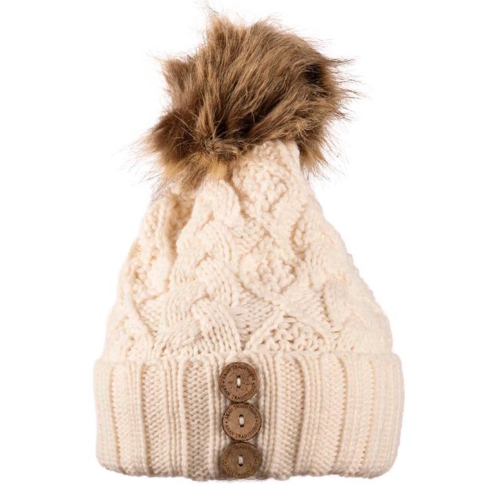 Aran Diamond Cable Button Hat - Cream / Natural