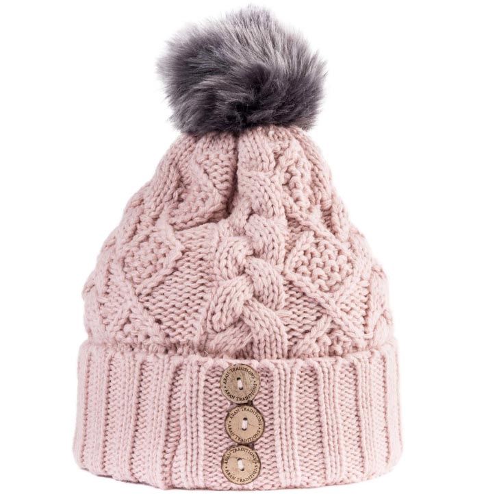 Aran Diamond Cable Scotland Text Hat - Blush / Grey