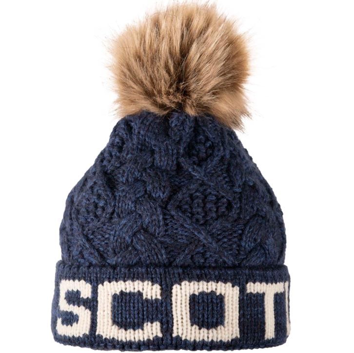 Aran Diamond Cable Scotland Text Hat Navy