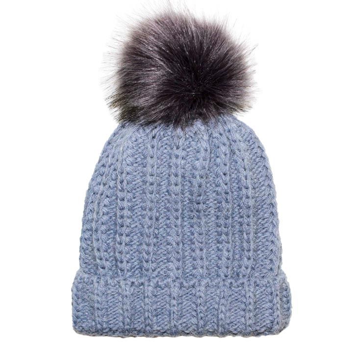 Fisherman Stitch Fur Pom Hat Slate / Mushroom