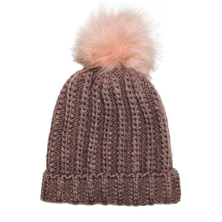 Fisherman Stitch Fur Pom Hat Mushroom / Oatmeal