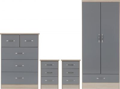 Nevada 2 Door Wardrobe Bedroom Set Grey Gloss/Light Oak Effect Veneer