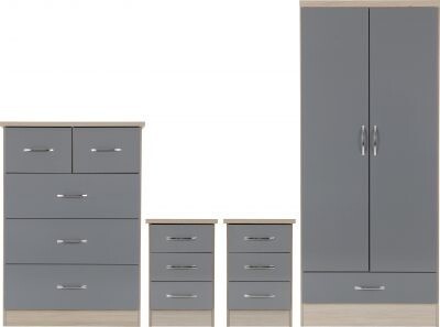 Nevada 2 Door Wardrobe Bedroom Set Grey Gloss/Light Oak Effect Veneer