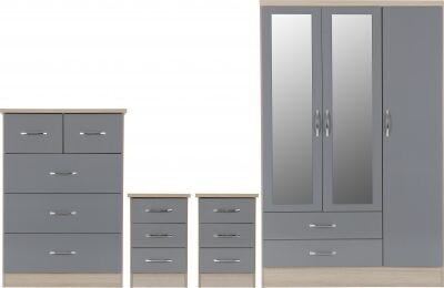 Nevada 3 Door Mirrored Wardrobe Bedroom Set Grey Gloss/Light Oak Effect Veneer