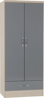 Nevada 2 Door Wardrobe Grey Gloss/Light Oak Effect Veneer