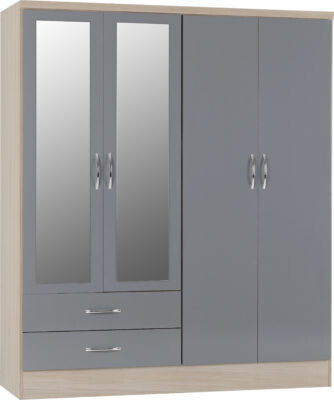 Nevada 4 Door Mirrored Wardrobe Grey Gloss/Light Oak Effect Veneer